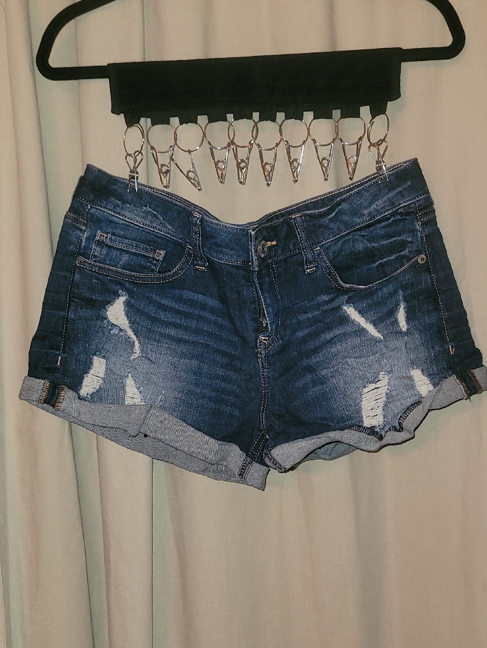 Express Distressed Dark Blue Rolled Cuff Jean Shorts